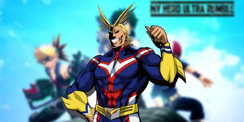 All Might in front of the my hero ultra rumble cover
