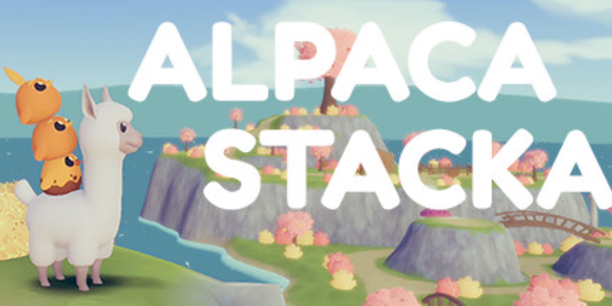 Alpaca Stacka Title Card: A fluffy Alpaca with three chicks stacked on its back looks out over a cute valley