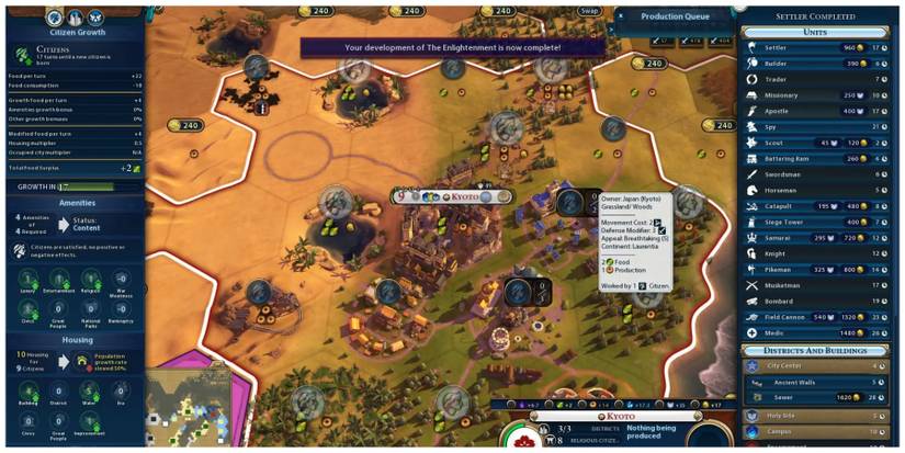 The city screen for Kyoto in Civilization 6