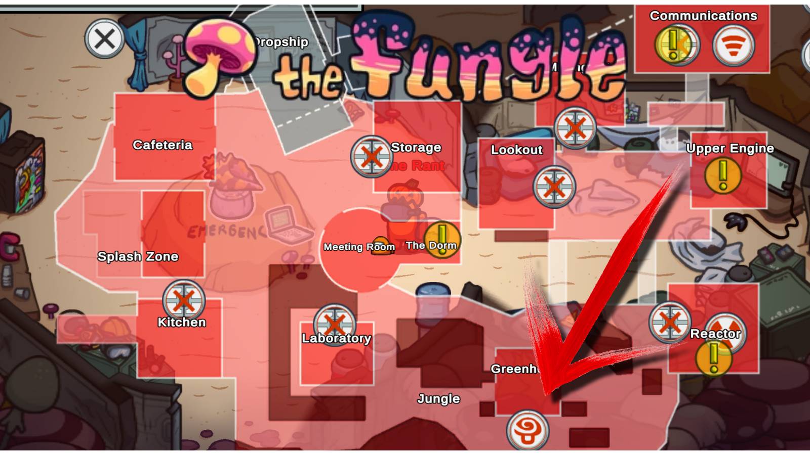 By opening the sabotage menu and clicking the button indicated by the arrow, impostors can start the Mushroom Mixup sabotage