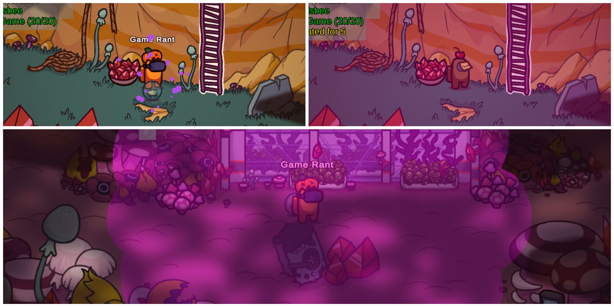 The mushroom mixup (above) is a new impostor sabotage and the spore cloud (below) clouds visibility in the fungle map