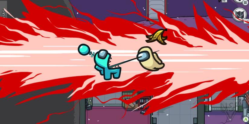 A cyan astronaut with an antena sticking their pointy toungue into a tan astronaut, who had been wearing a banana peel on its head in Among Us