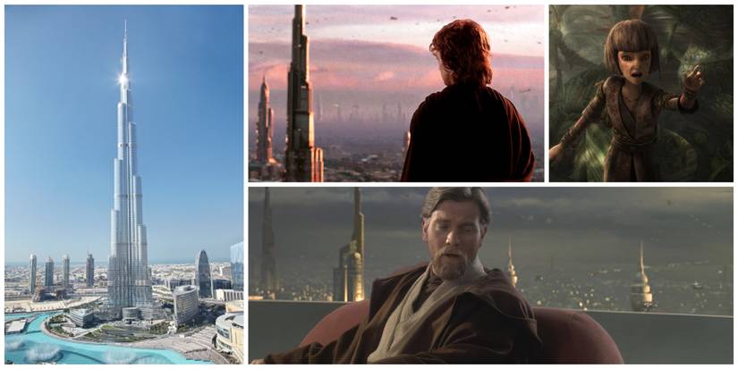 The Burj Khalifa, Kalifa the Padawan. Anakin looking out over the similar looking building, same building is behind Obiwan