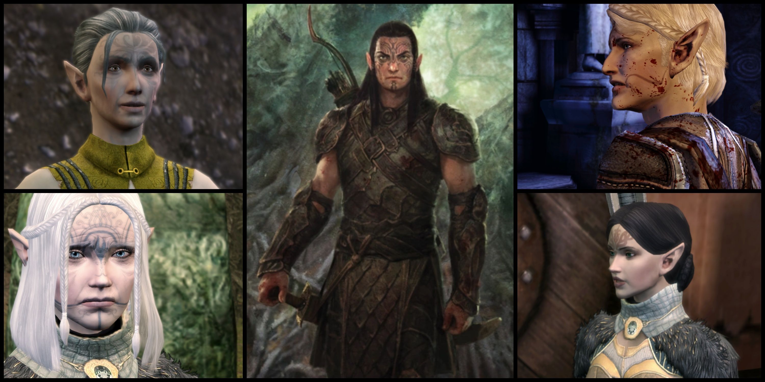 Ashalle, Marethari, Tamlen, Merrill, and the Dalish Elf concept art in Dragon Age: Origins