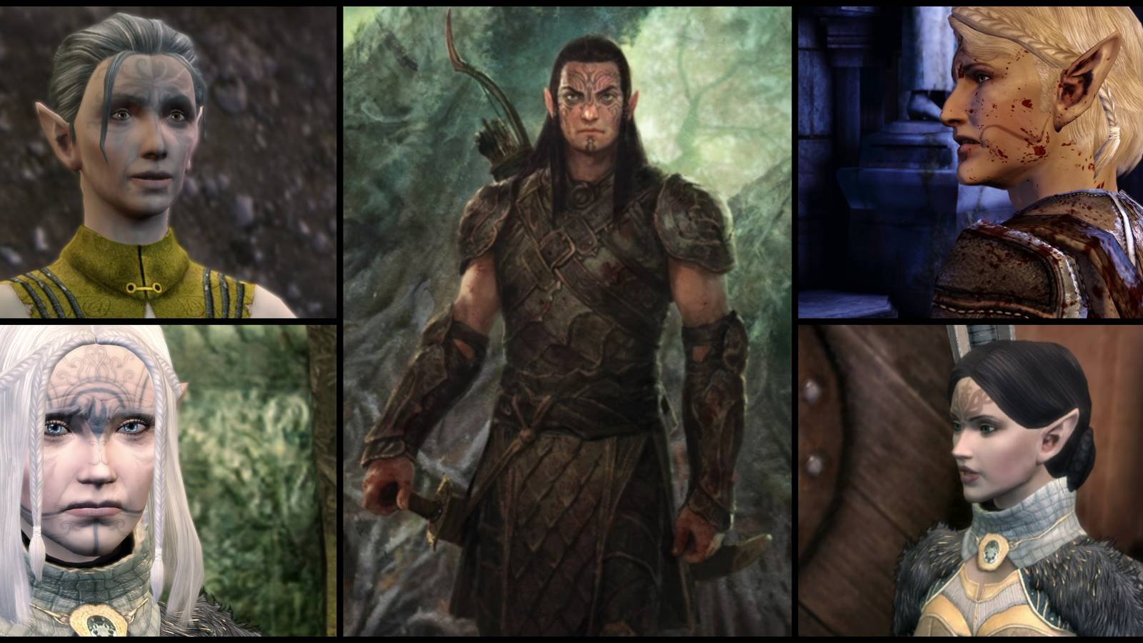 Ashalle, Marethari, Tamlen, Merrill, and the Dalish Elf concept art in Dragon Age: Origins