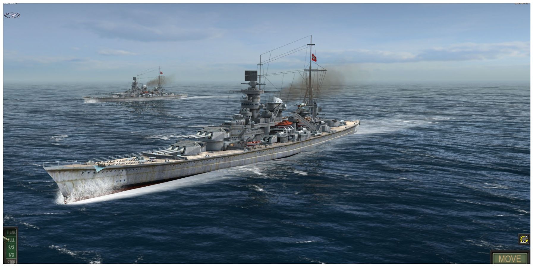A mammoth naval ship sailing across the sea with a smaller ship within the background