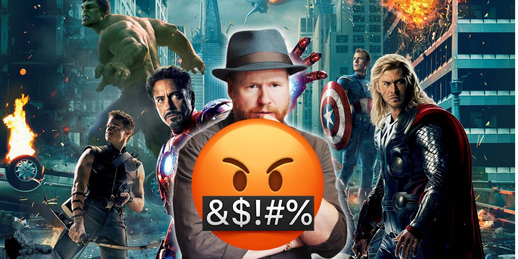 The Avengers promo image with director Joss Whedon and a swearing emoji