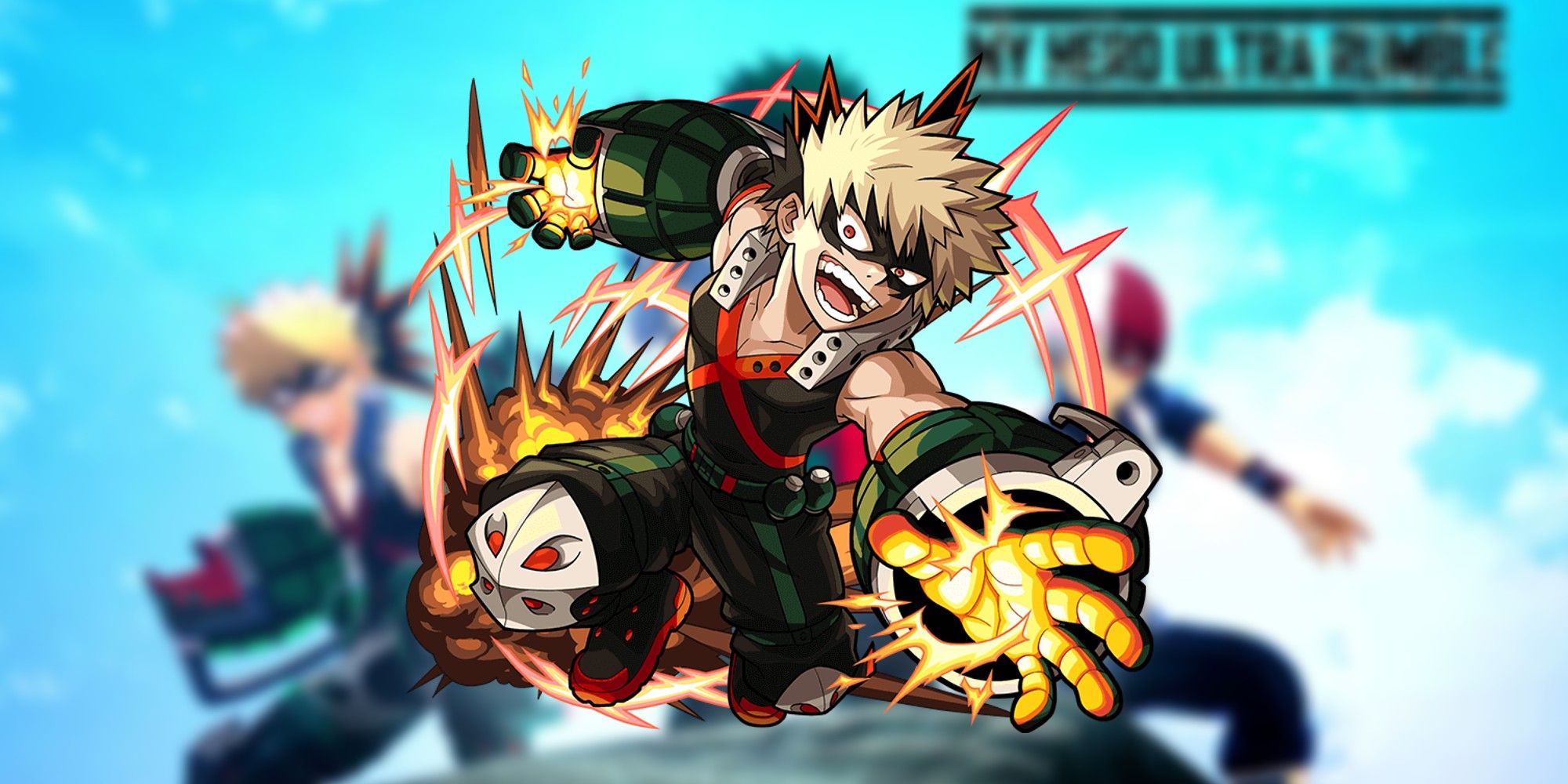 Bakugo in front of the my hero ultra rumble cover