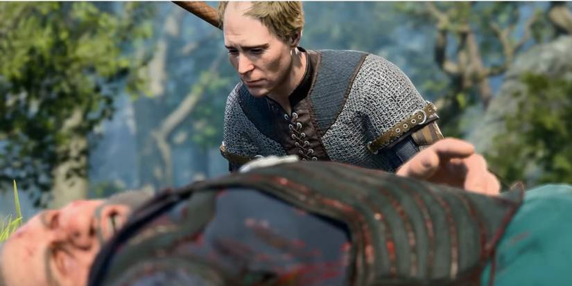 Baldur's Gate 3, Andrick Kneels Over Dying Edowin