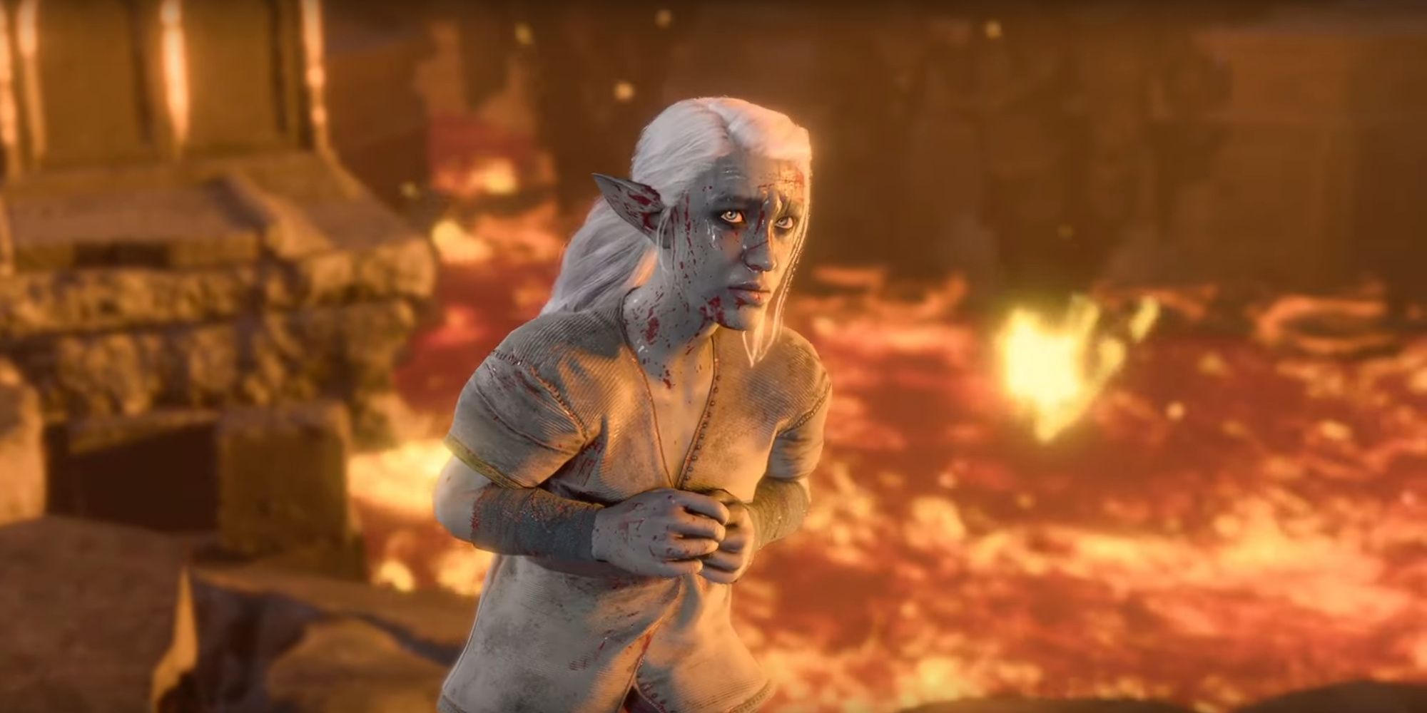 Baldur's Gate 3, Deep Gnome Meerna Cowering In Front Of Lava Pits
