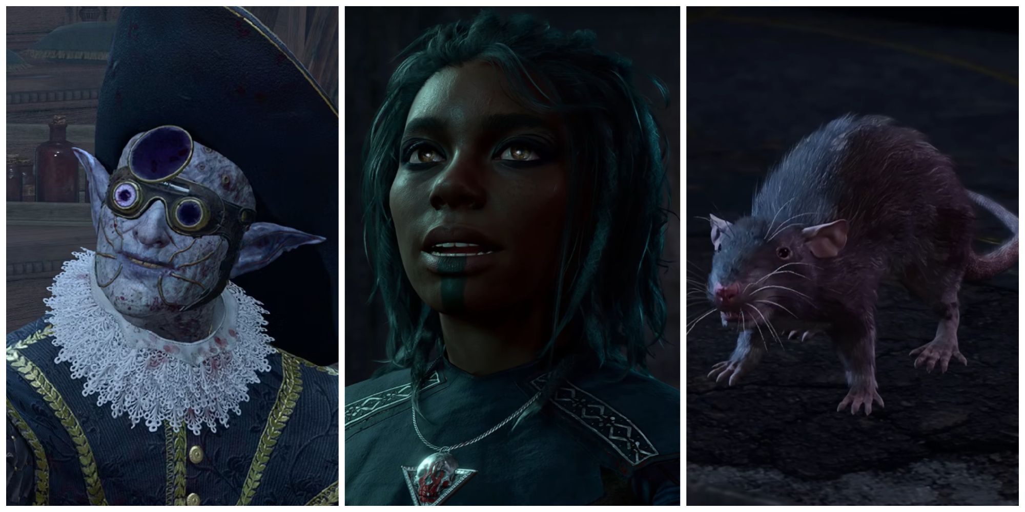 A split image of Malus Thorm, Linsella, and Lyrthindor as a Rat in Baldur's Gate 3