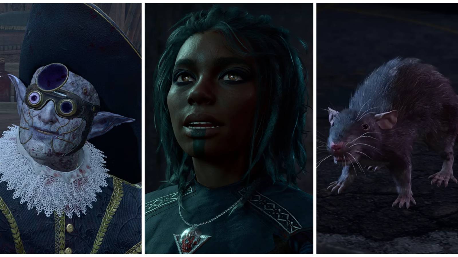 A split image of Malus Thorm, Linsella, and Lyrthindor as a Rat in Baldur's Gate 3