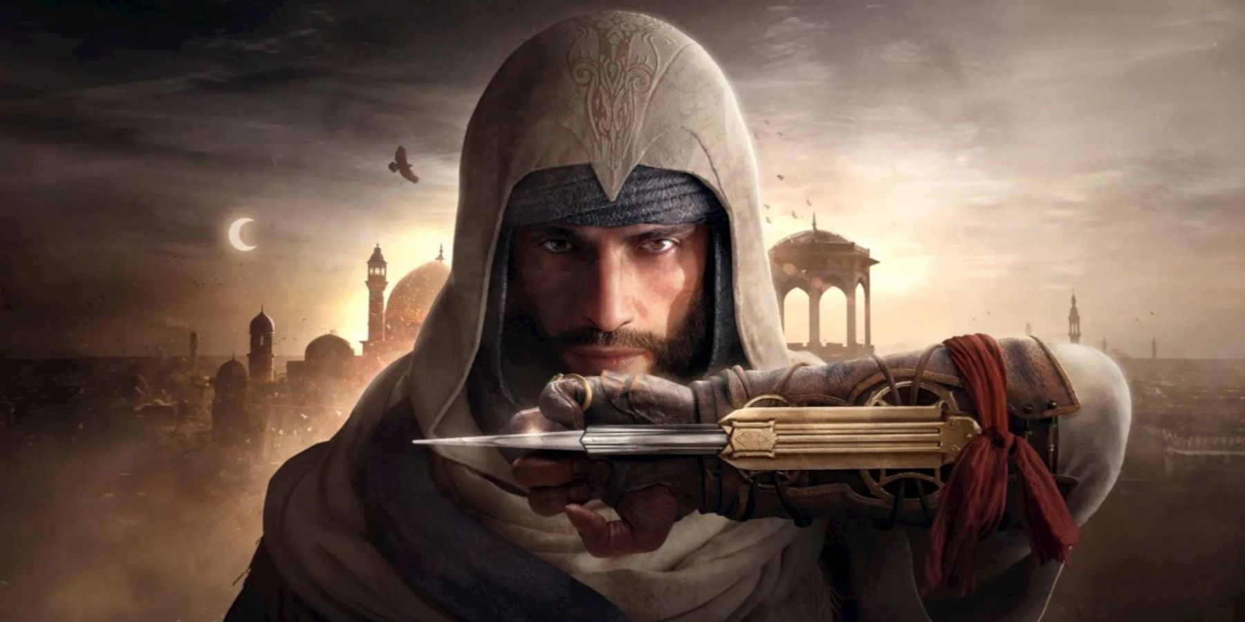 Basim with the hidden blade and city of Baghdad in the background