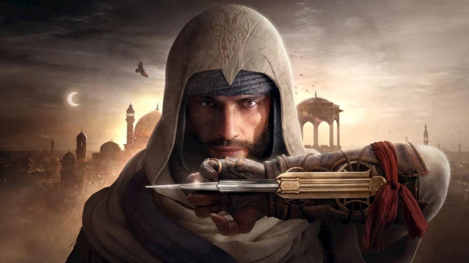 Basim with the hidden blade and city of Baghdad in the background