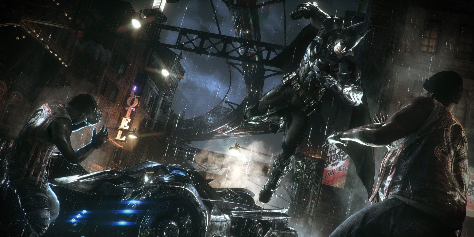 An image of Batman fighting two enemies in Arkham Knight