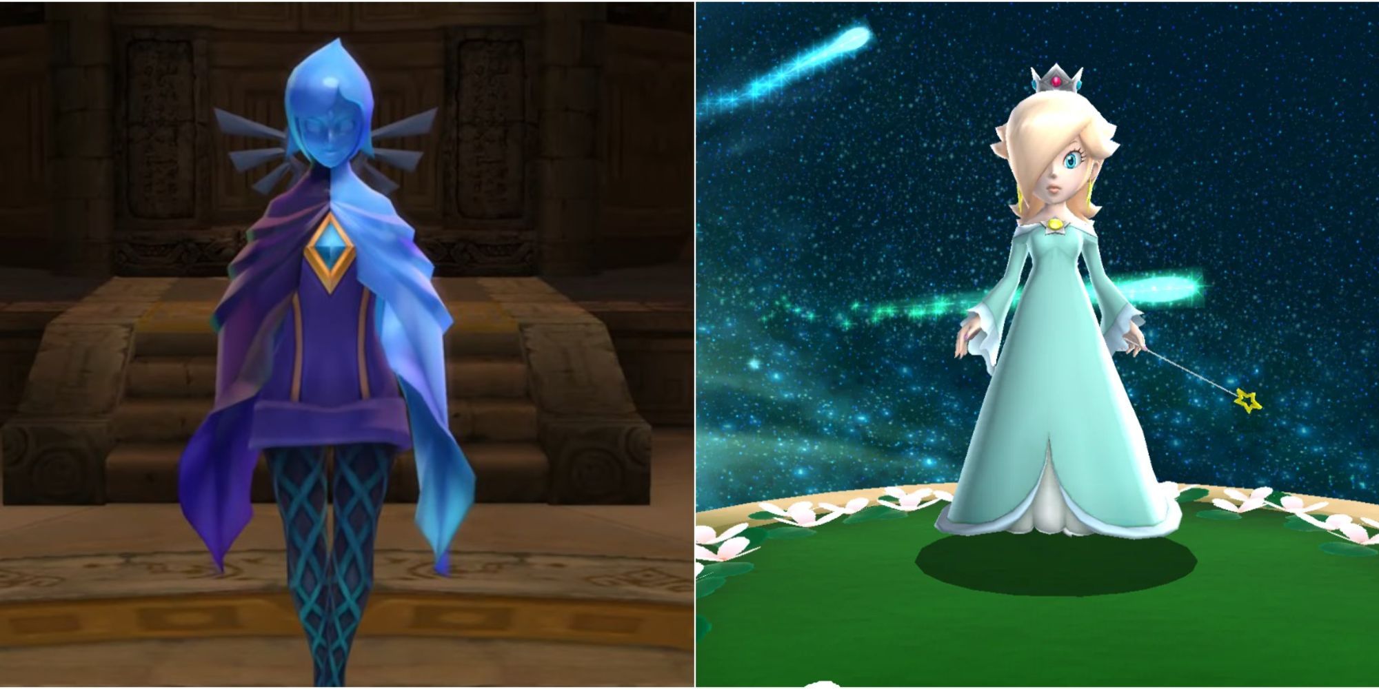 Fi from Skyward Sword beside Rosalina from Super Mario Galaxy, both looking directly out of the screen