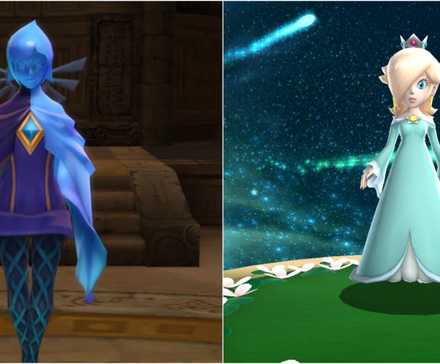 Fi from Skyward Sword beside Rosalina from Super Mario Galaxy, both looking directly out of the screen