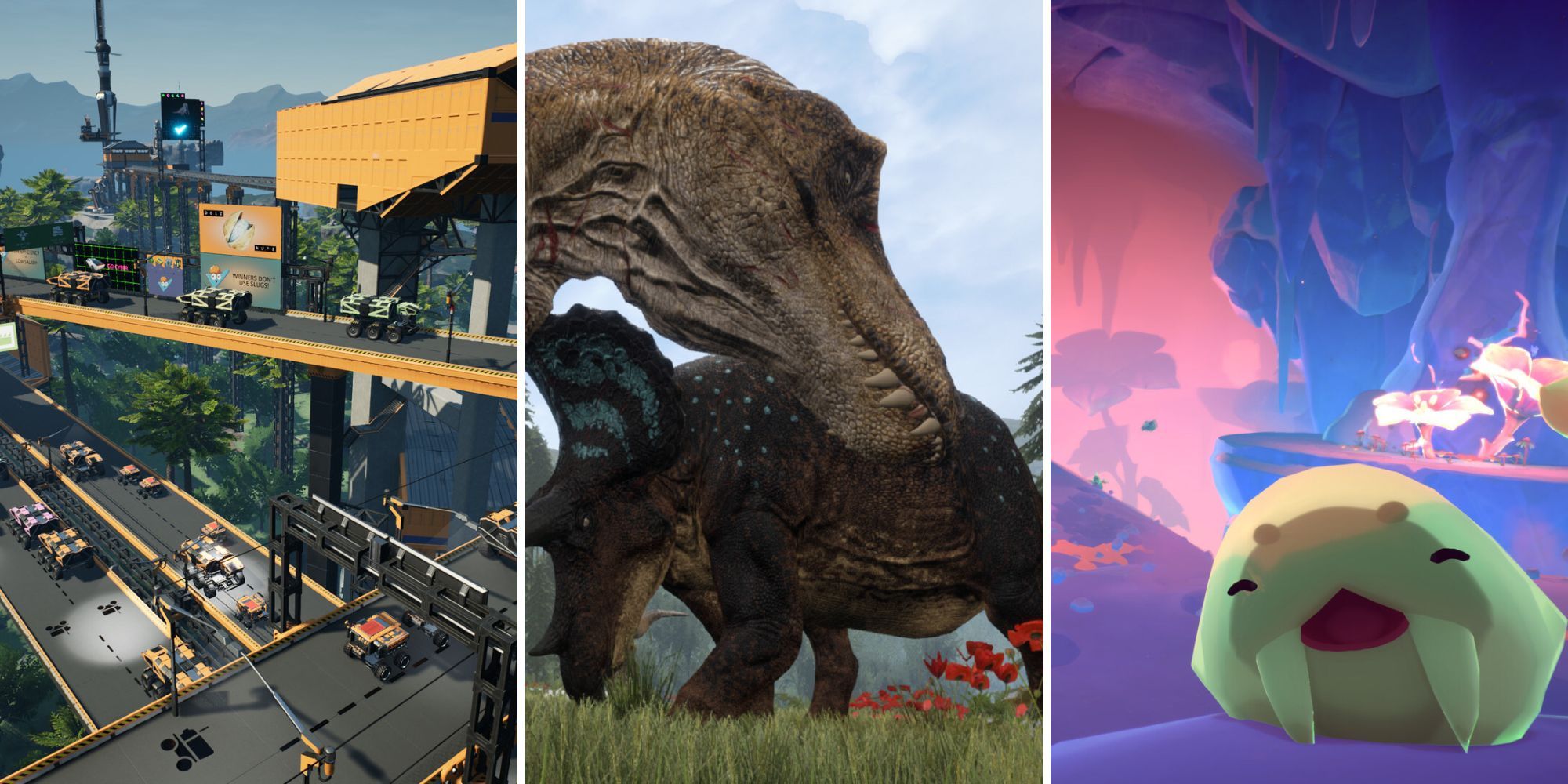 A grid showing the three early access simulation games Satisfactory, The Isle, and Slime Rancher 2