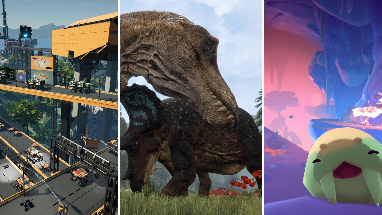 A grid showing the three early access simulation games Satisfactory, The Isle, and Slime Rancher 2