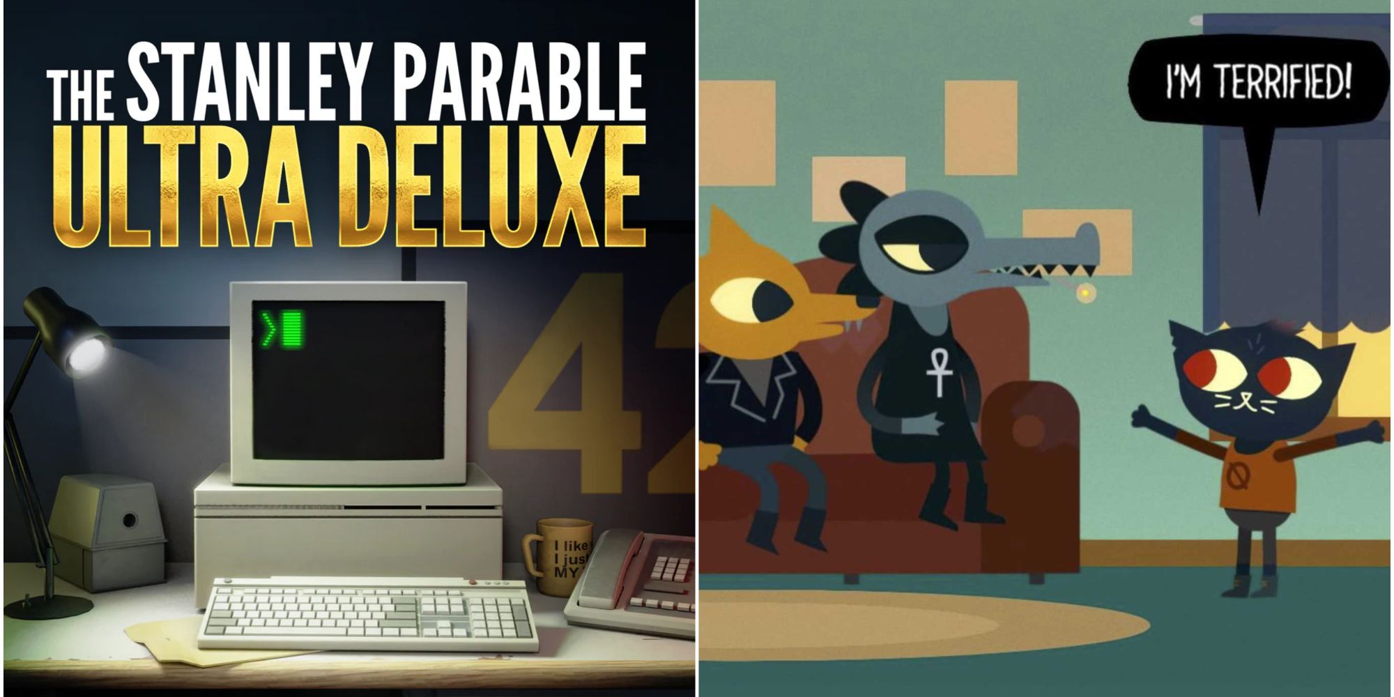 The Stanley Parable Ultra Deluxe cover, with an empty old fashioned computer, next to Mae from Night In The Woods exclaiming 'i'm terrified'