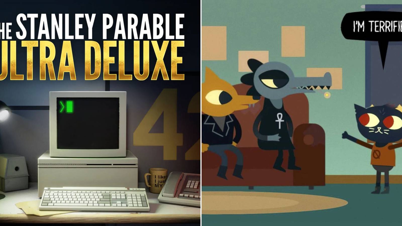 The Stanley Parable Ultra Deluxe cover, with an empty old fashioned computer, next to Mae from Night In The Woods exclaiming 'i'm terrified'