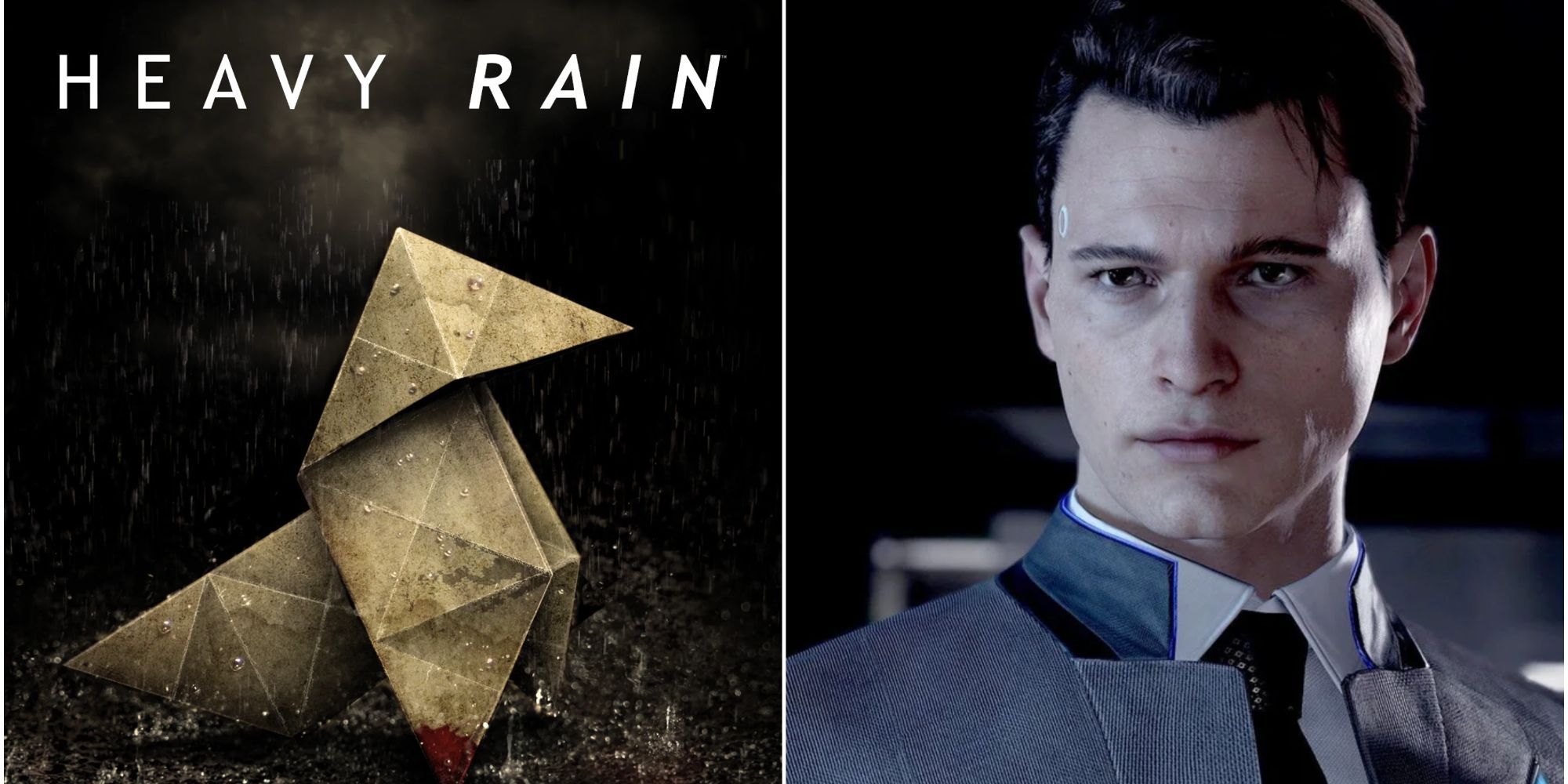 The cover of Heavy Rain, which is a paper crane being rained on, next to android Connor from Detroit: Become Human