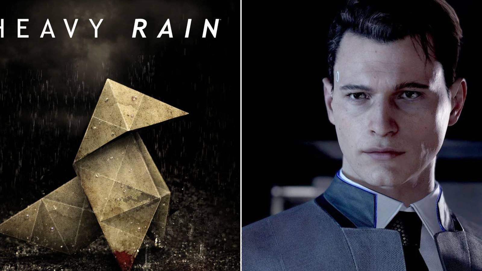 The cover of Heavy Rain, which is a paper crane being rained on, next to android Connor from Detroit: Become Human