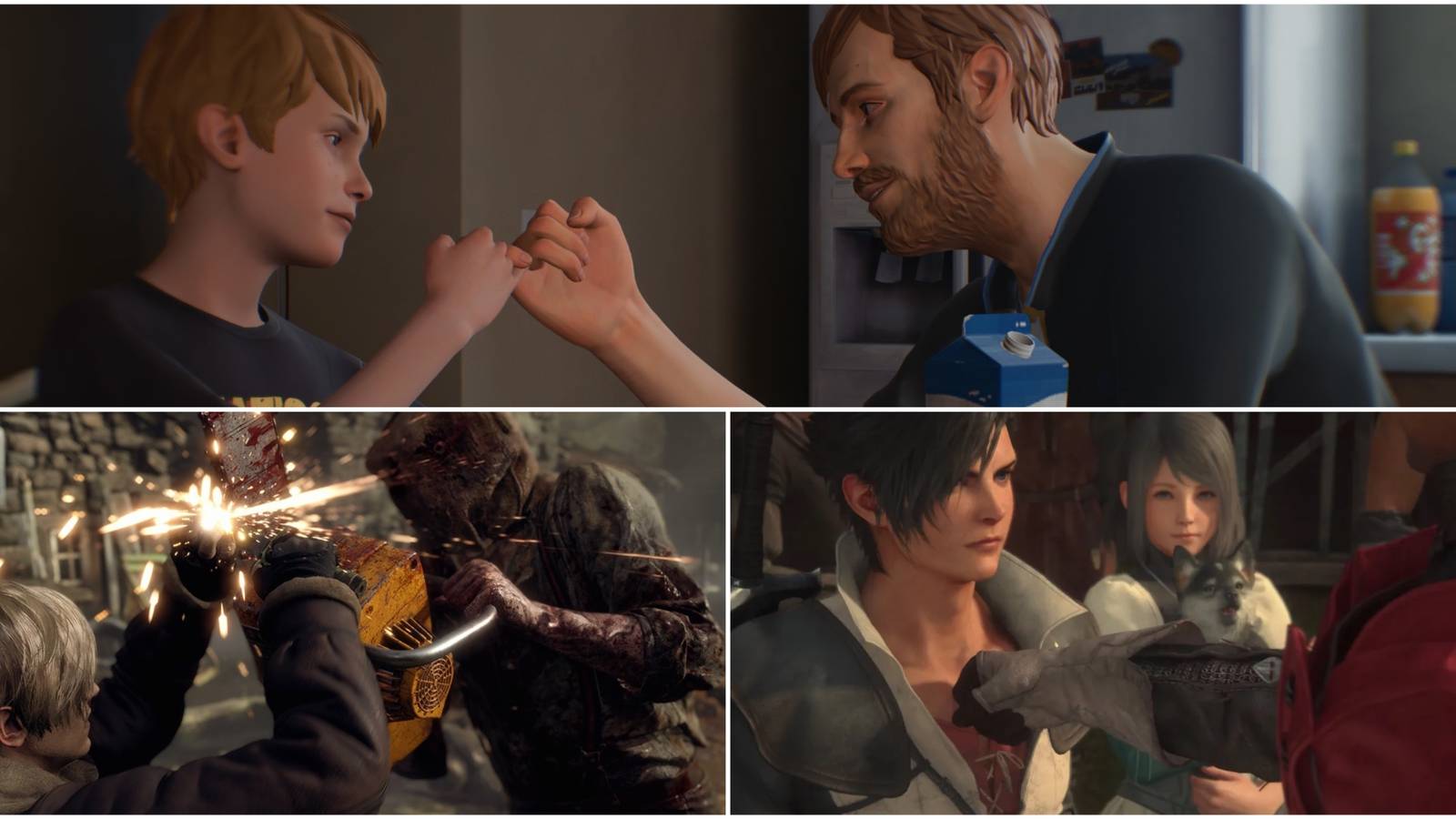 Split image showing Resident Evil 4, Final Fantasy 16, The Awesome Adventures of Captain Spirit.