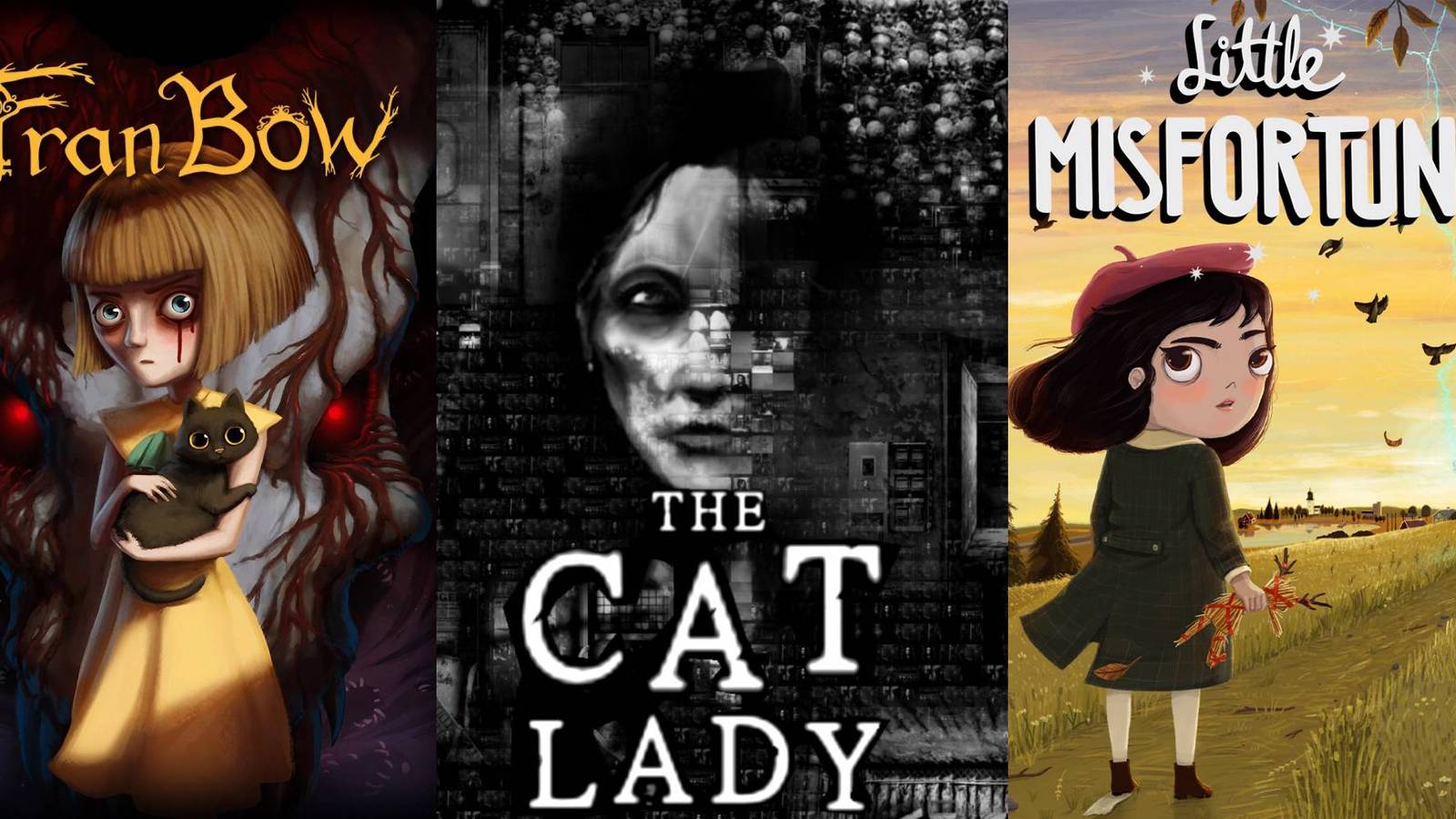 Split imahe of game cover art for Fran Bow, The Cat Lady and Little Misfortune