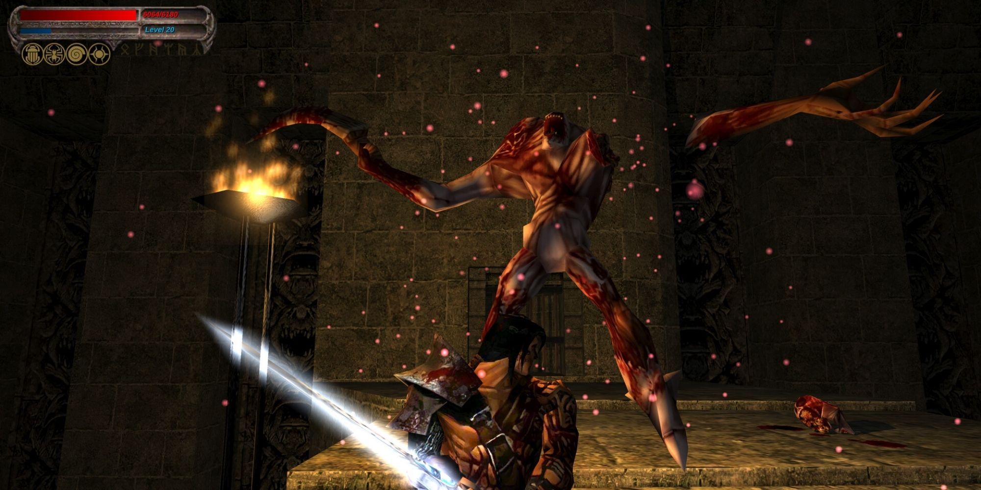 A player attacking a monster in Blade of Darkness