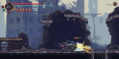 The Penitent One wielding Sarmiento and Centella Blasphemous 2