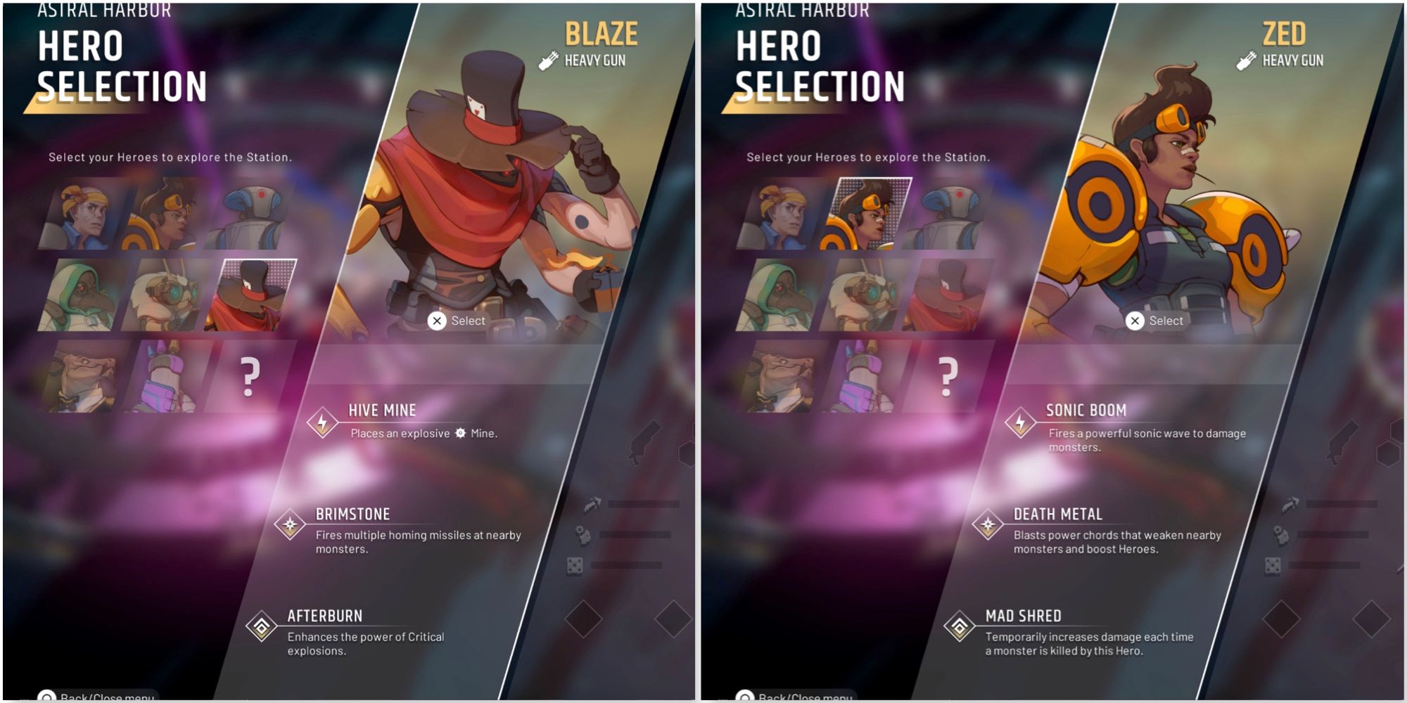 Blaze and Zed in the hero selection screen of Endless Dungeon
