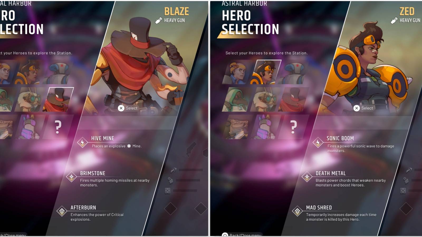 Blaze and Zed in the hero selection screen of Endless Dungeon