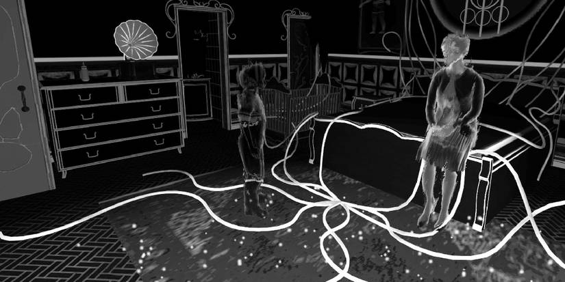 Blind VR game showing ghostly vision of room and people.