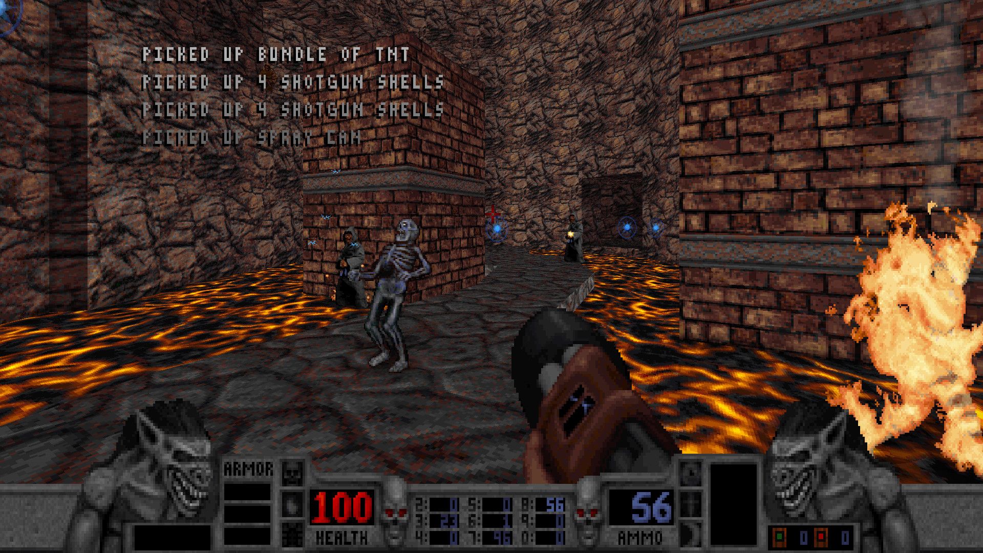 A fiery setting with brick towers, robed enemies, lava, a burning man, and an electrocuted enemy