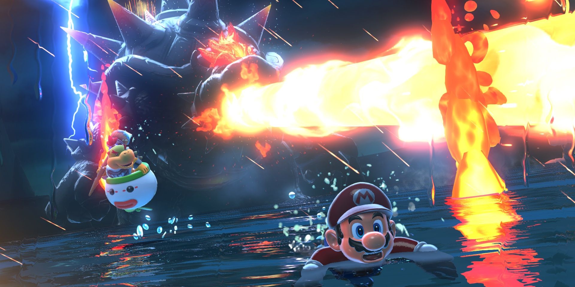 Fury Bowser shooting a large beam of fire while Mario swims in the water and Bowser Jr. hovers nearby in Bowser's Fury.