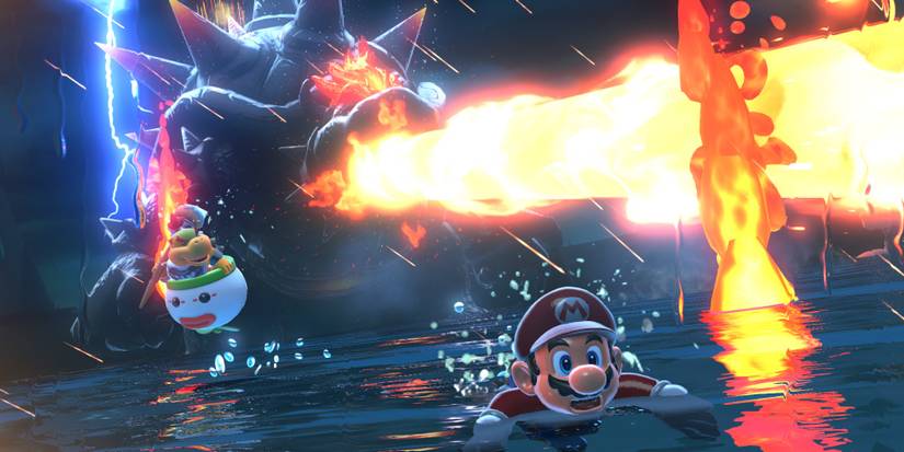 Fury Bowser shooting a large beam of fire while Mario swims in the water and Bowser Jr. hovers nearby in Bowser's Fury.