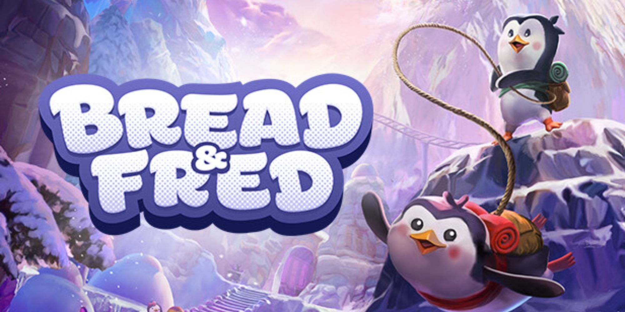 Bread & Fred: Two explorer penguins with rosy cheeks attached by rope, one of them swinging down.