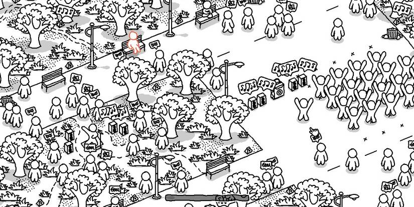 A bunch of characters surrounding speakers in a park and dancing. One character is highlighted in orange sitting on a bench in Bubble People