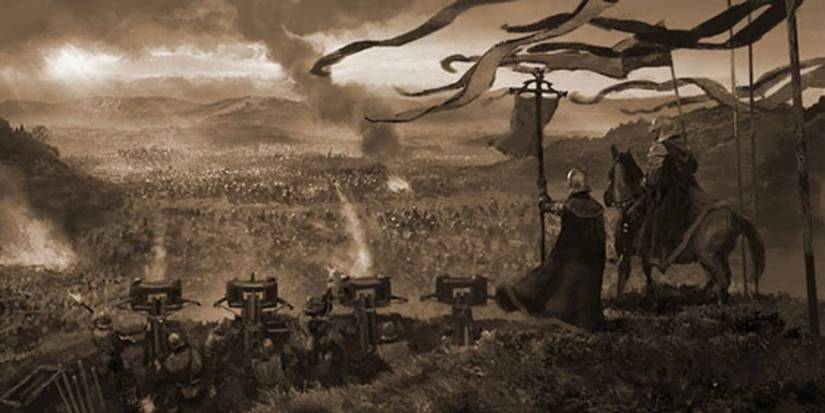 A sepia-tone overview of the Battle of the Burning Mill