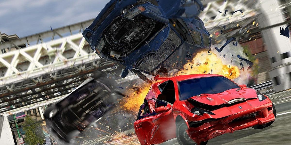 Three cars colliding in a massive, explosive crash in Burnout 3: Takedown