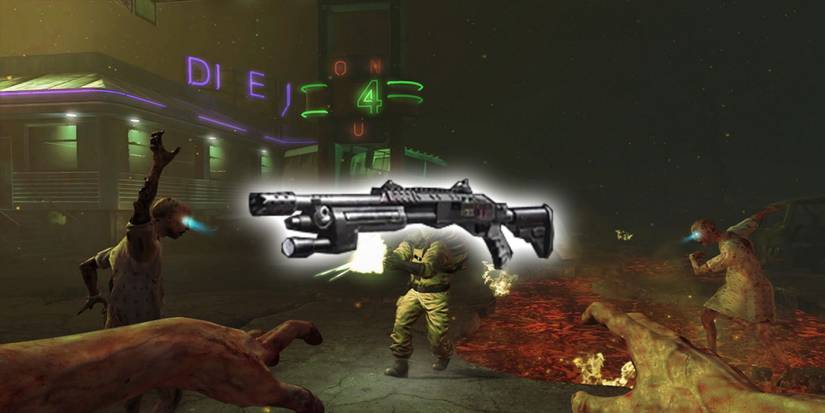 A glowing Shotgun in front of a diner surrounded by fog, lava, and zombies