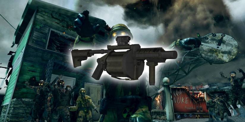 A glowing grenade launcher in front of a background of zombies outside a destroyed building