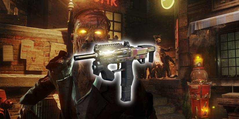 A glowing SMG in front of a background of zombies outside a destroyed building