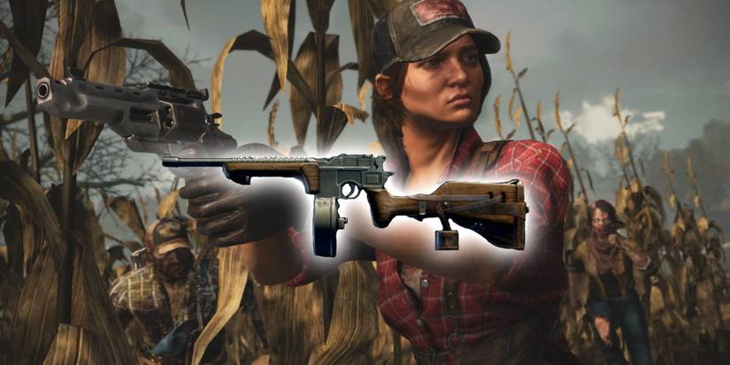A glowing SMG in front of a crop field, Misty wielding a gun, and a few zombies 