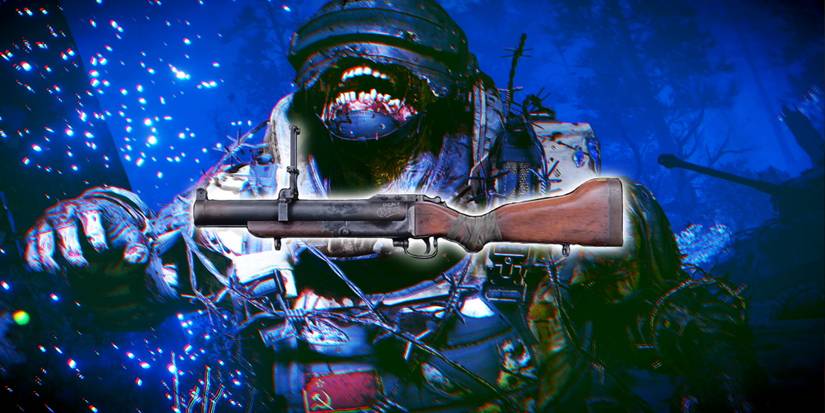A glowing grenade launcher in front of a glowing zombie with a blue background