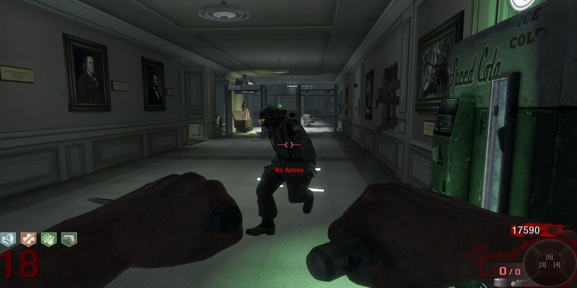 A pair of hands holding the Ballistic Knife while facing a zombie in a hallway, near a Speed Cola vendor