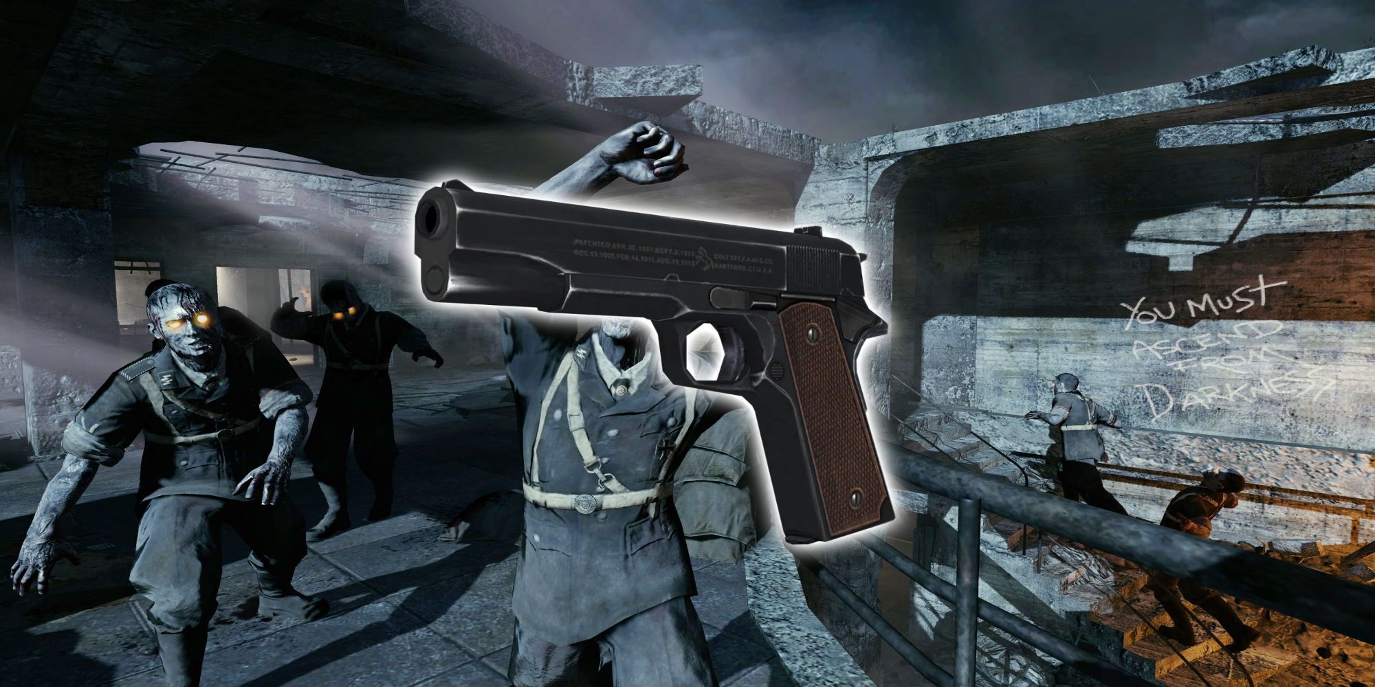 A glowing pistol in front of a background of zombies in a destroyed building