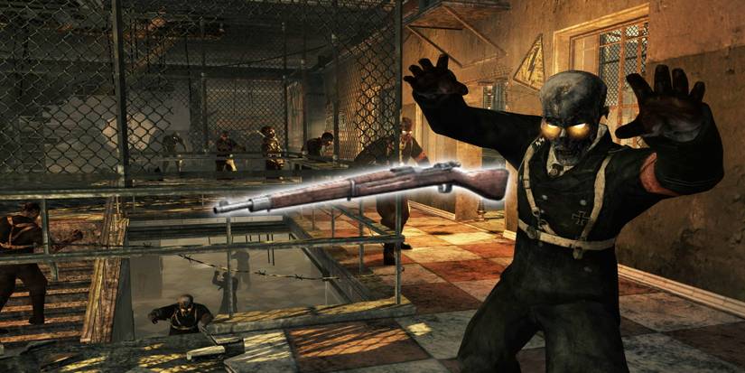 A glowing rifle in front of a background of zombies in a destroyed building