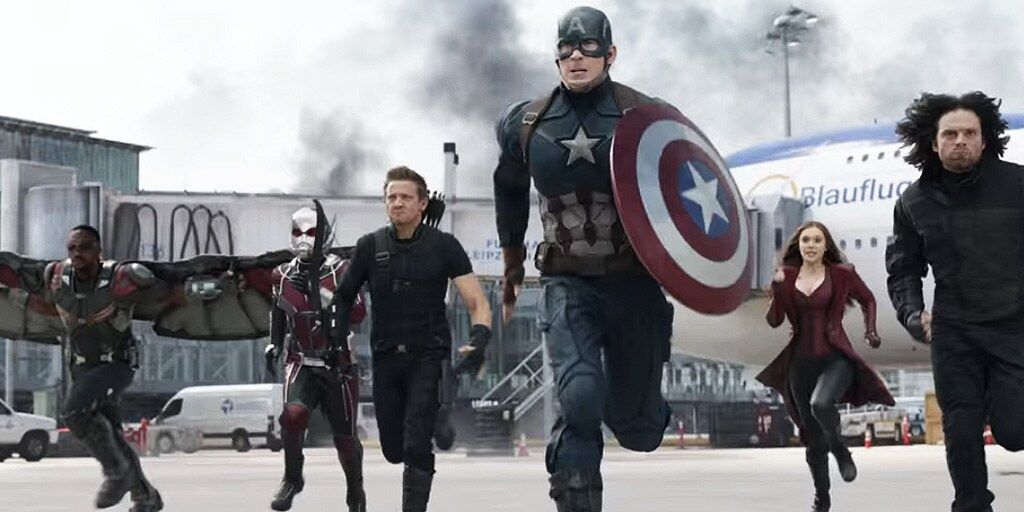 An Image of Captain America and some super-heroes running